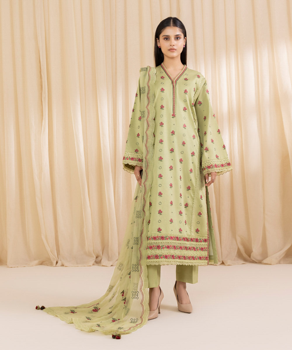 Women's Unstitched Embroidered Pistachio Fine Cotton Satin Three Piece Suit