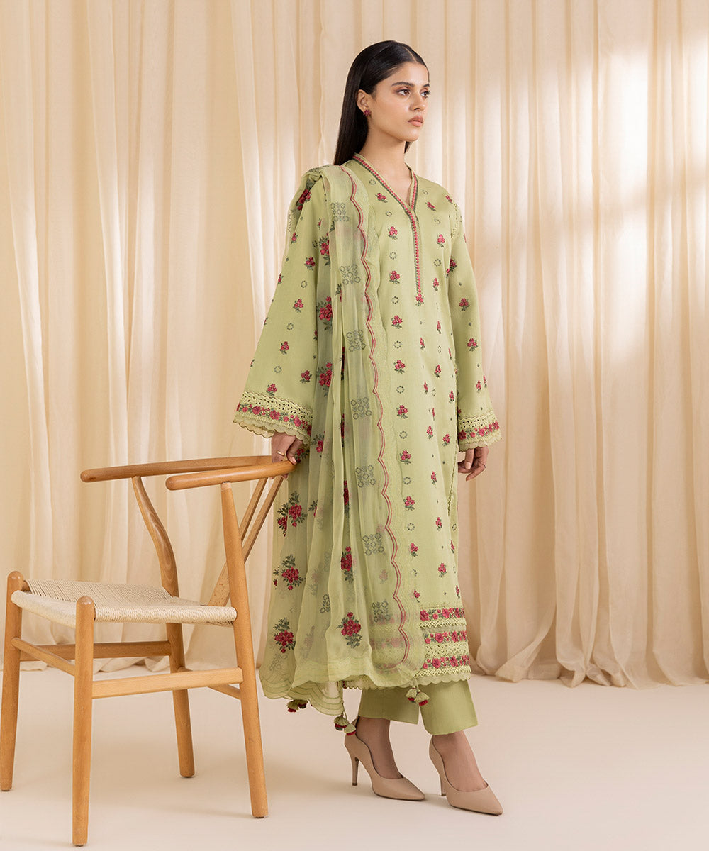 Women's Unstitched Embroidered Pistachio Fine Cotton Satin Three Piece Suit