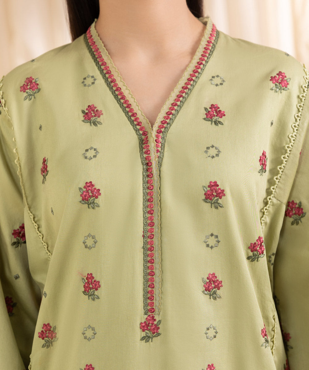 Women's Unstitched Embroidered Pistachio Fine Cotton Satin Three Piece Suit