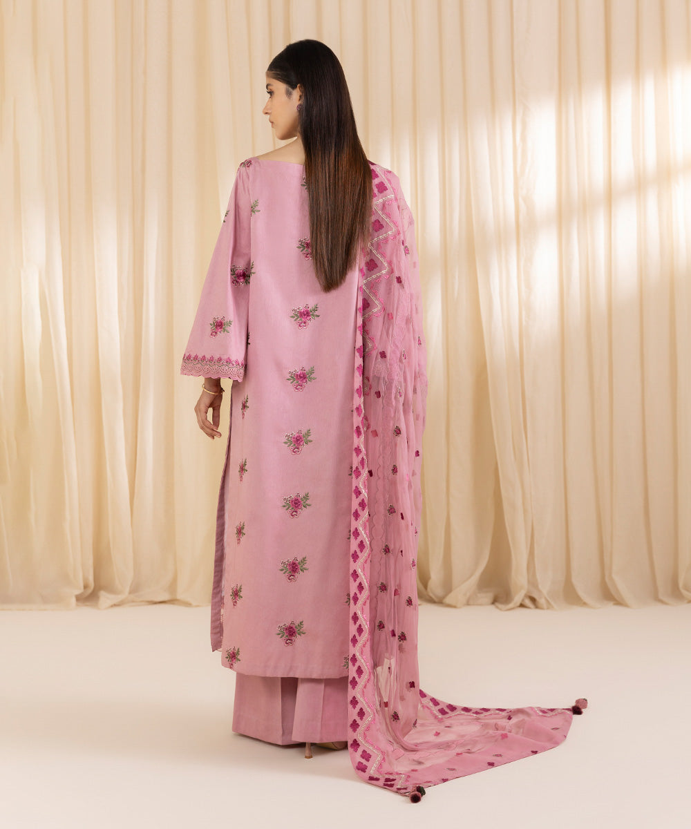 Women's Unstitched Embroidered Light Pink Fine Cotton Satin Three Piece Suit