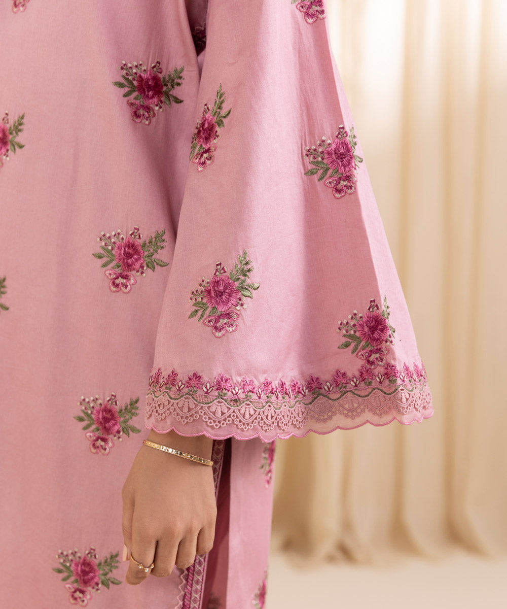 Women's Unstitched Embroidered Light Pink Fine Cotton Satin Three Piece Suit