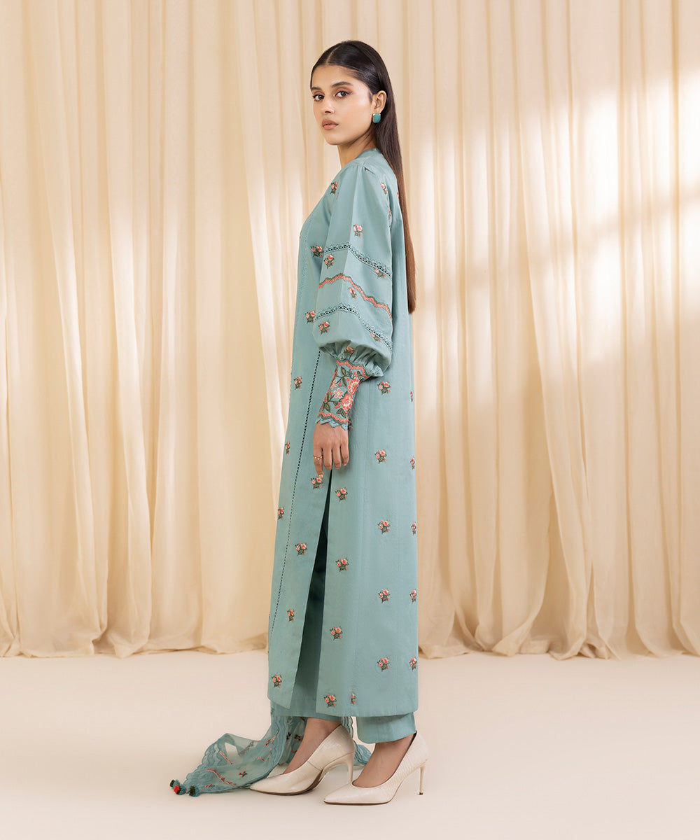 Women's Unstitched Embroidered Turquoise Fine Cotton Satin Three Piece Suit