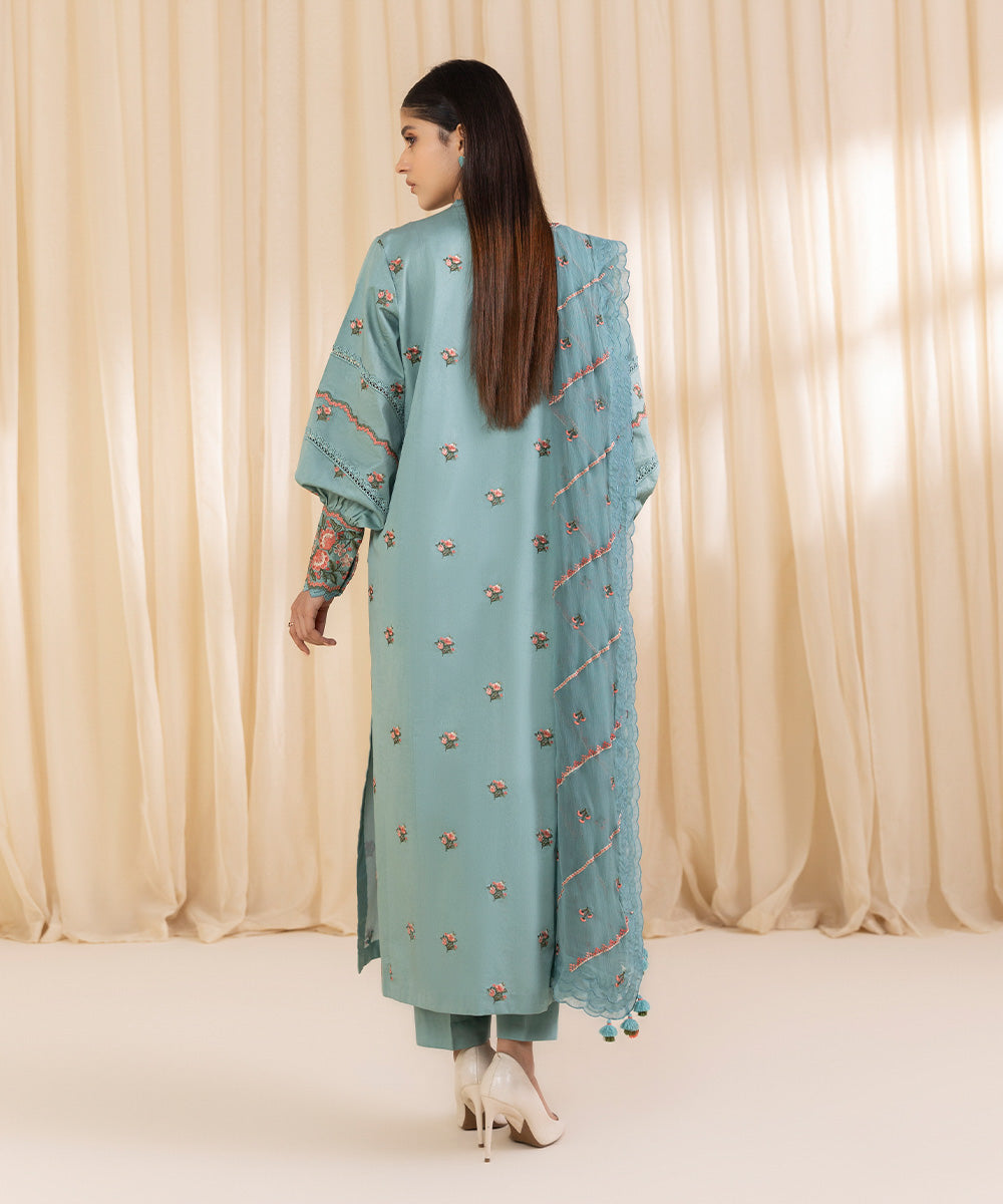 Women's Unstitched Embroidered Turquoise Fine Cotton Satin Three Piece Suit