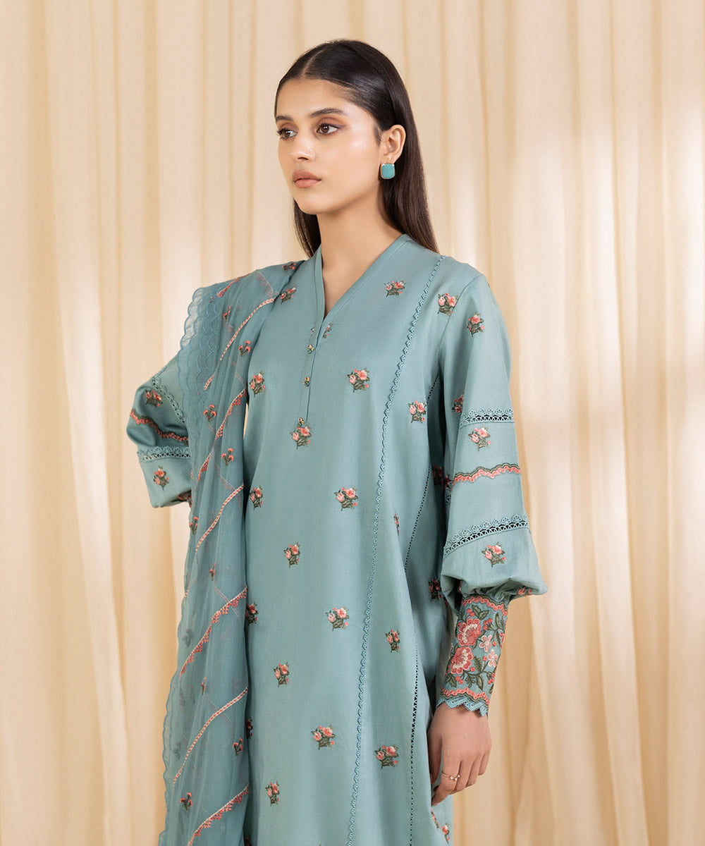 Women's Unstitched Embroidered Turquoise Fine Cotton Satin Three Piece Suit