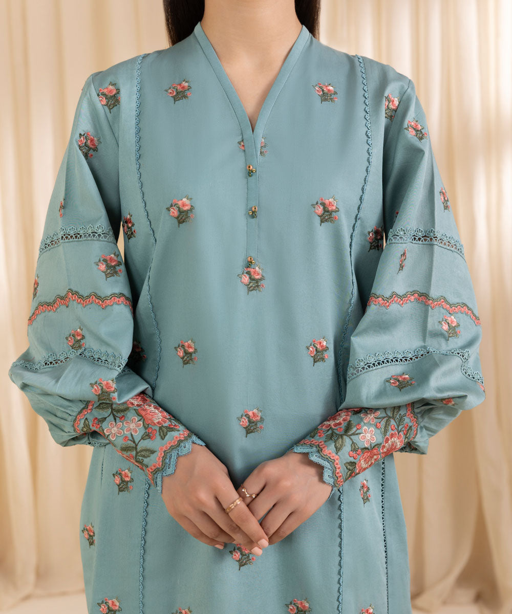 Women's Unstitched Embroidered Turquoise Fine Cotton Satin Three Piece Suit