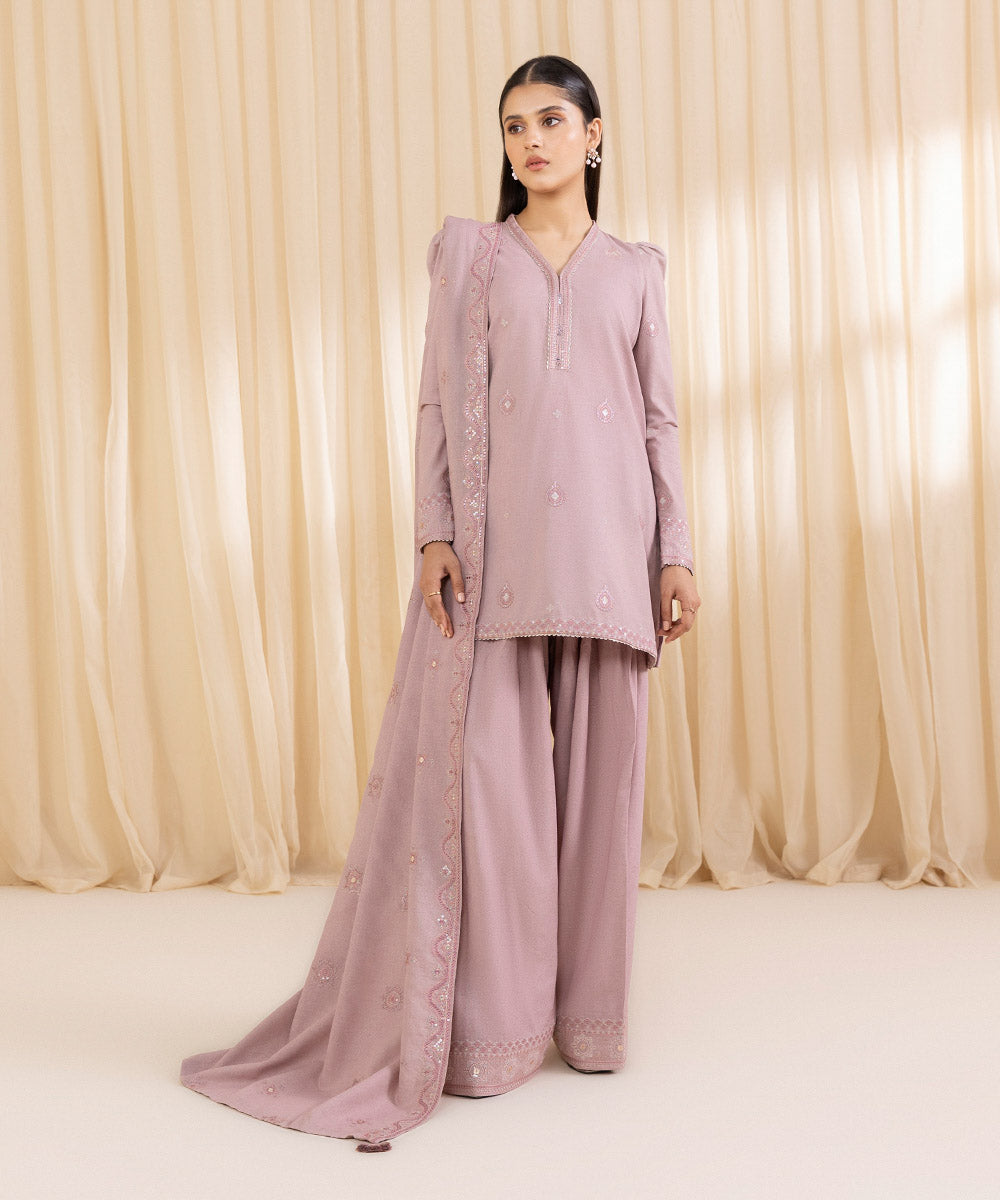 Women's Unstitched Embroidered Light Mauve Cotton Karandi Three Piece Suit