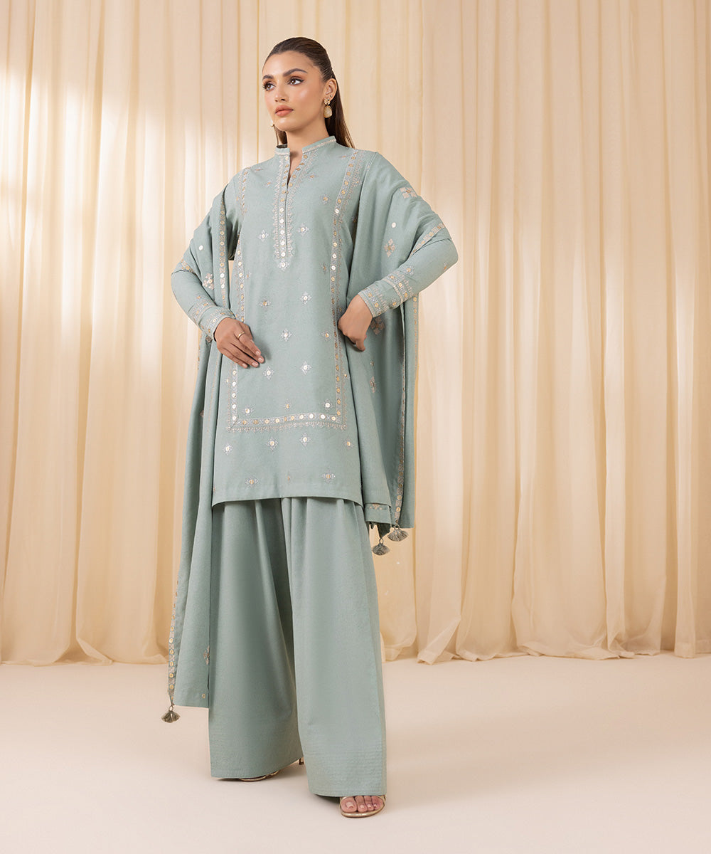 Women's Unstitched Embroidered Mint Green Cotton Karandi Three Piece Suit