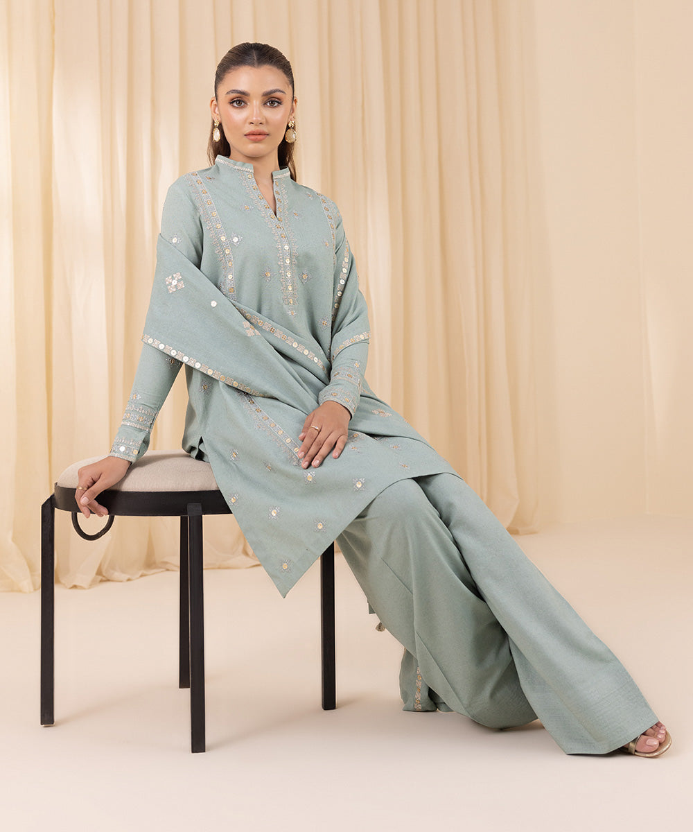 Women's Unstitched Embroidered Mint Green Cotton Karandi Three Piece Suit