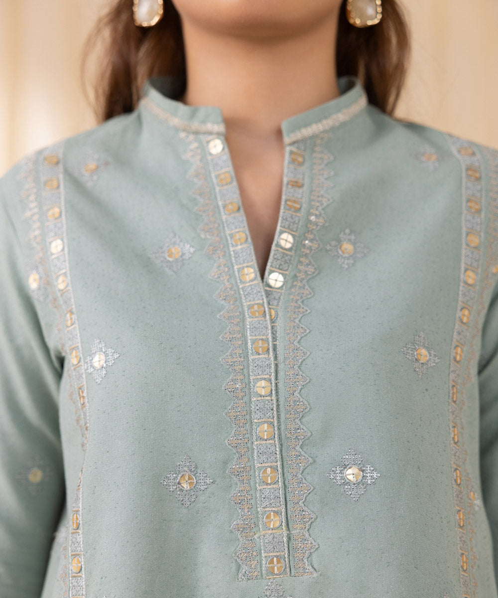 Women's Unstitched Embroidered Mint Green Cotton Karandi Three Piece Suit