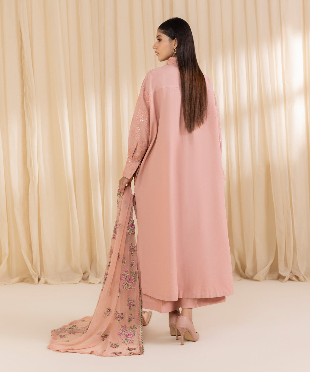 Women's Unstitched Embroidered Peach Cotton Karandi Three Piece Suit