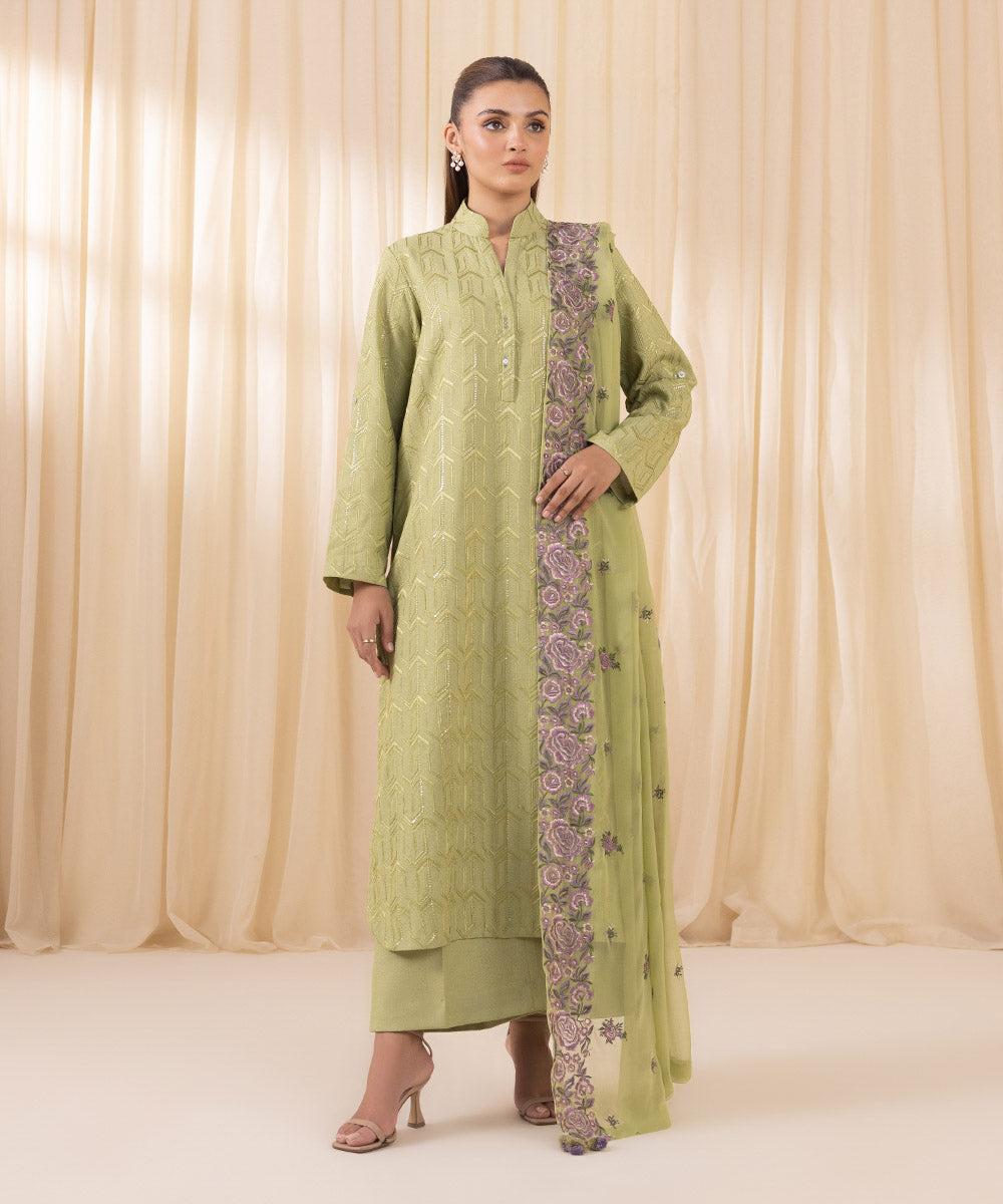 Women's Unstitched Embroidered Pistachio Cotton Karandi Three Piece Suit