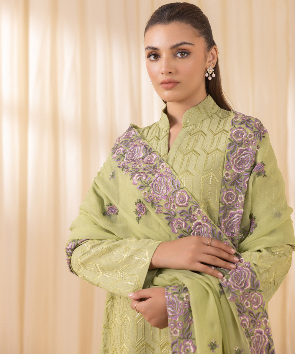 Women's Unstitched Embroidered Pistachio Cotton Karandi Three Piece Suit