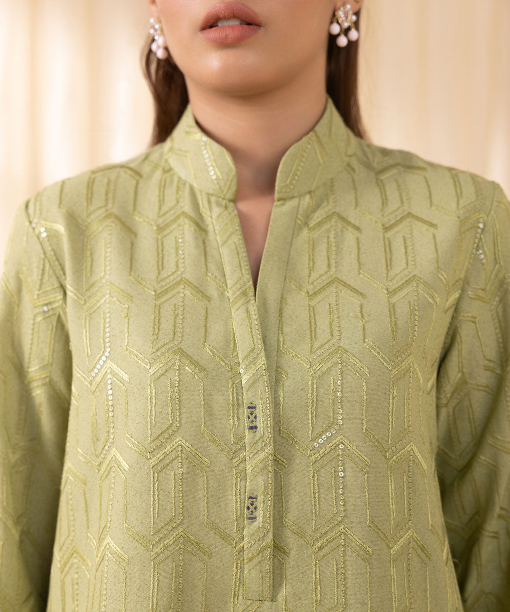 Women's Unstitched Embroidered Pistachio Cotton Karandi Three Piece Suit