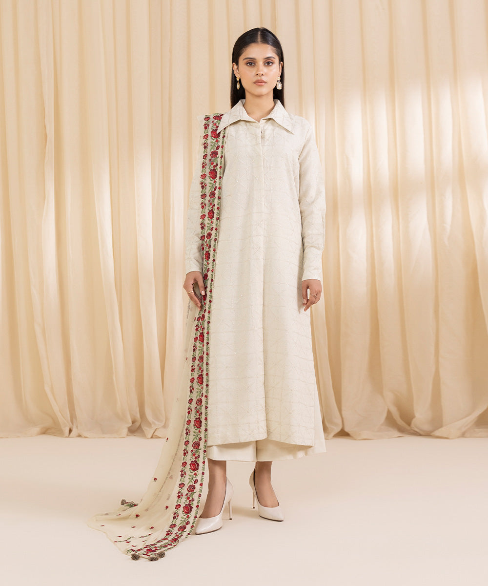 Women's Unstitched Embroidered Off White Cotton Karandi Three Piece Suit