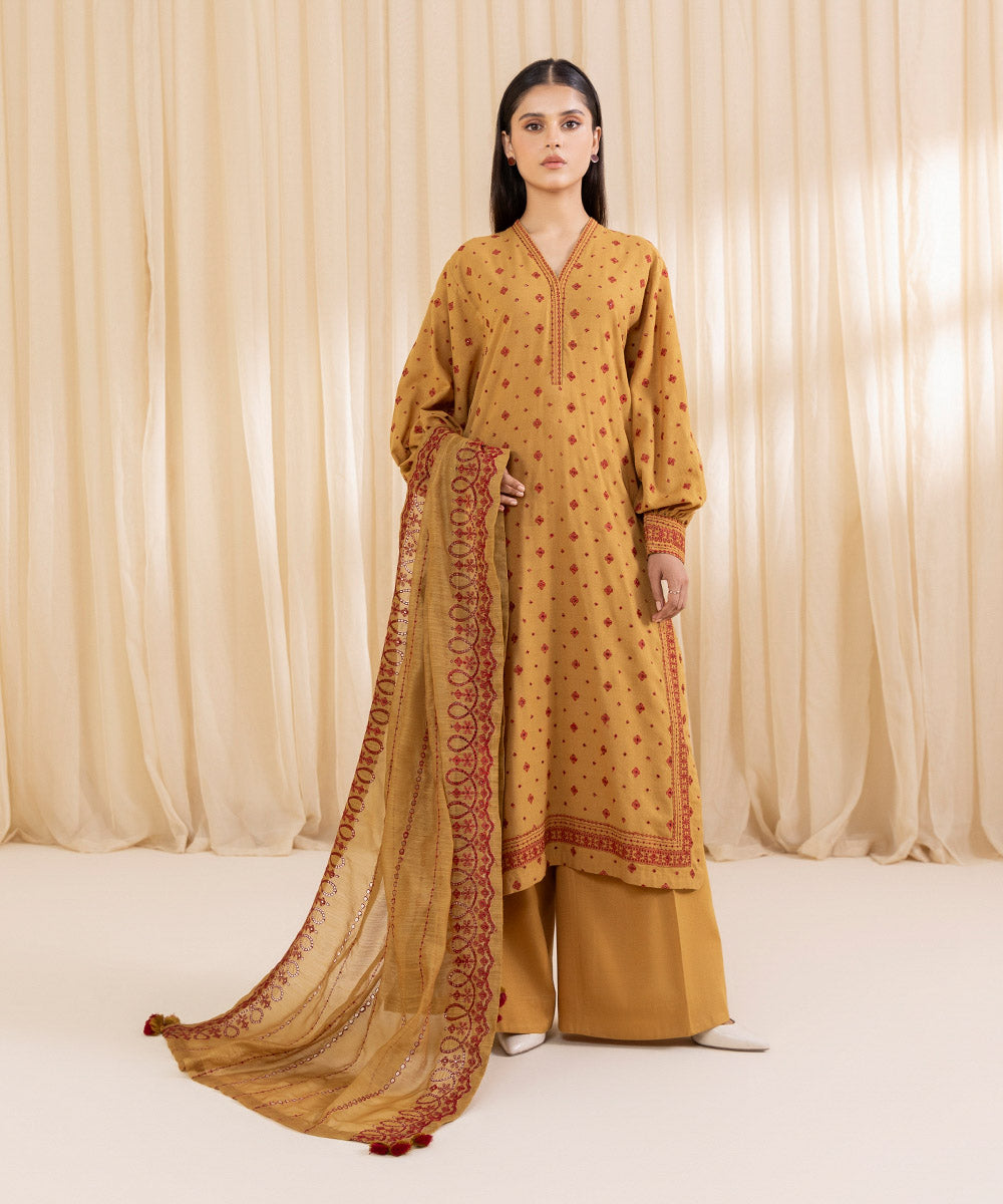 Women's Unstitched Embroidered Mustard Cotton Karandi Three Piece Suit