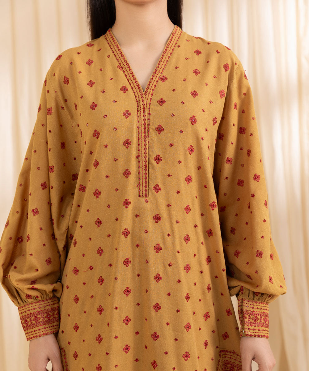 Women's Unstitched Embroidered Mustard Cotton Karandi Three Piece Suit