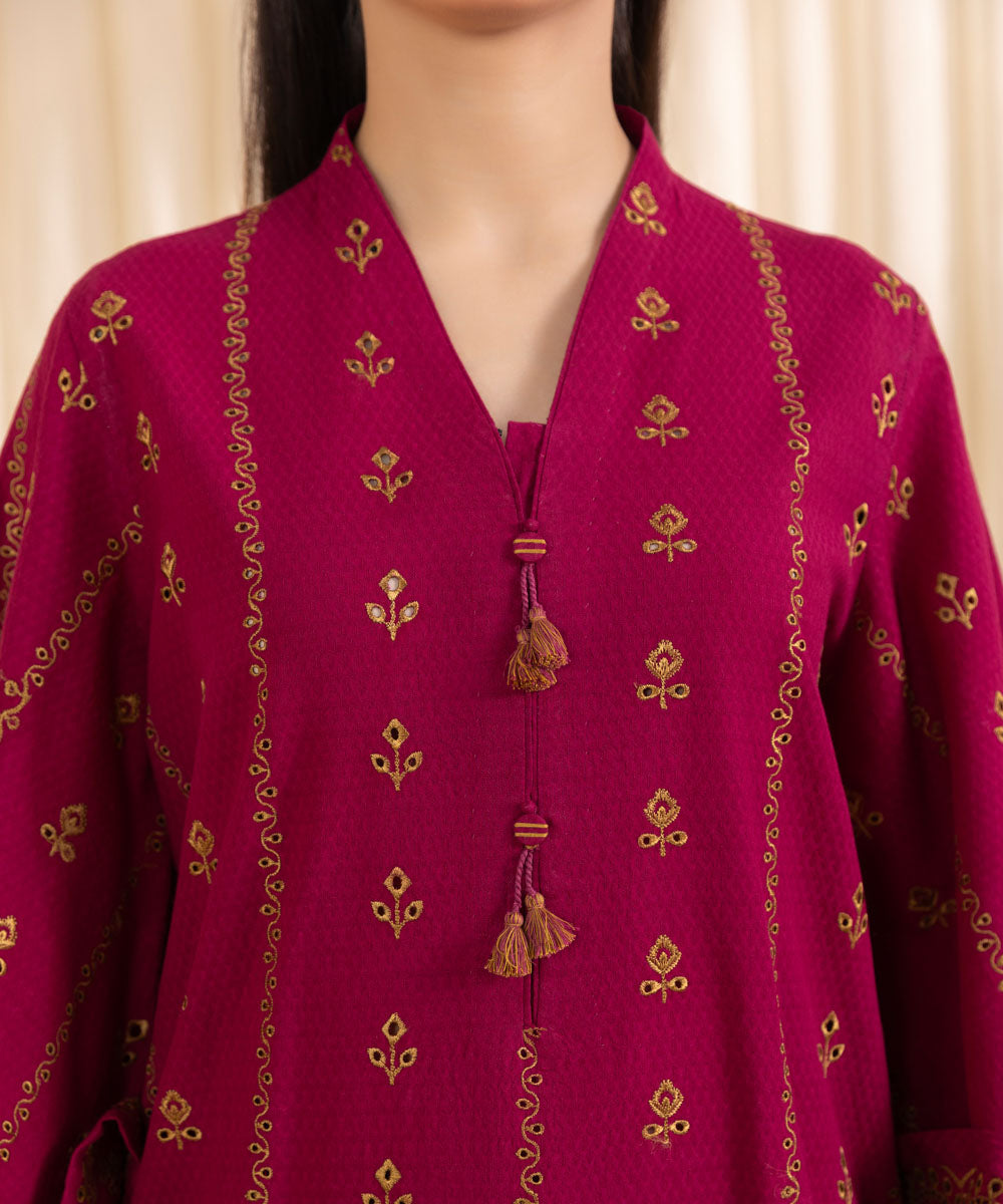 Women's Unstitched Embroidered Dark Raspberry Dobby Three Piece Suit