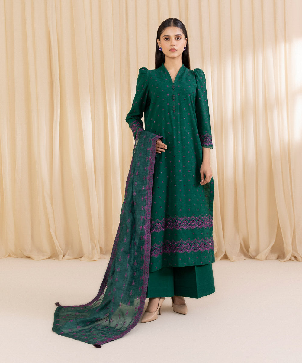 Women's Unstitched Embroidered Forest Green Dobby Three Piece Suit