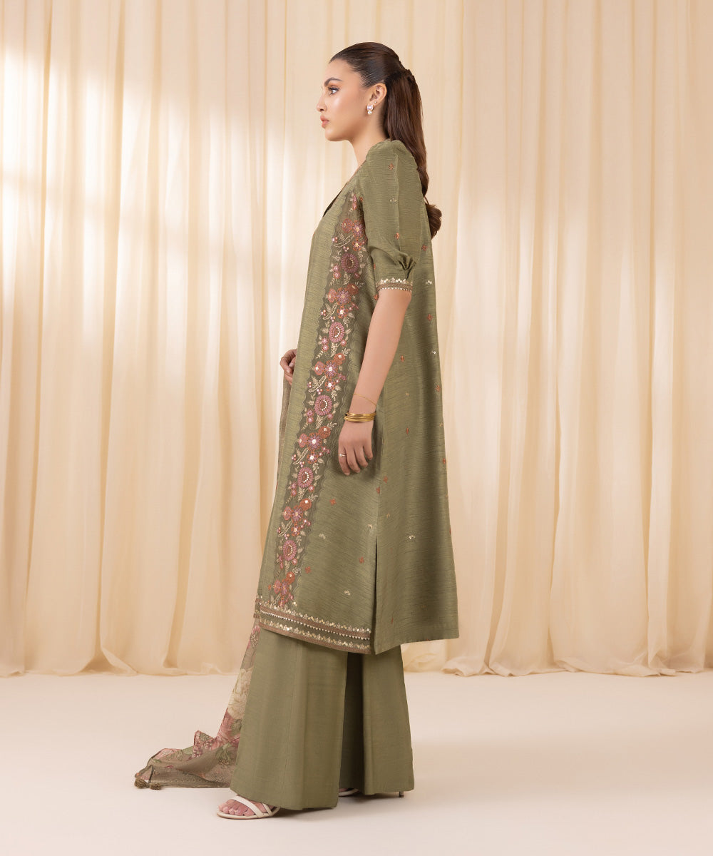 Women's Unstitched Moss Green Raw Silk Three Piece Suit