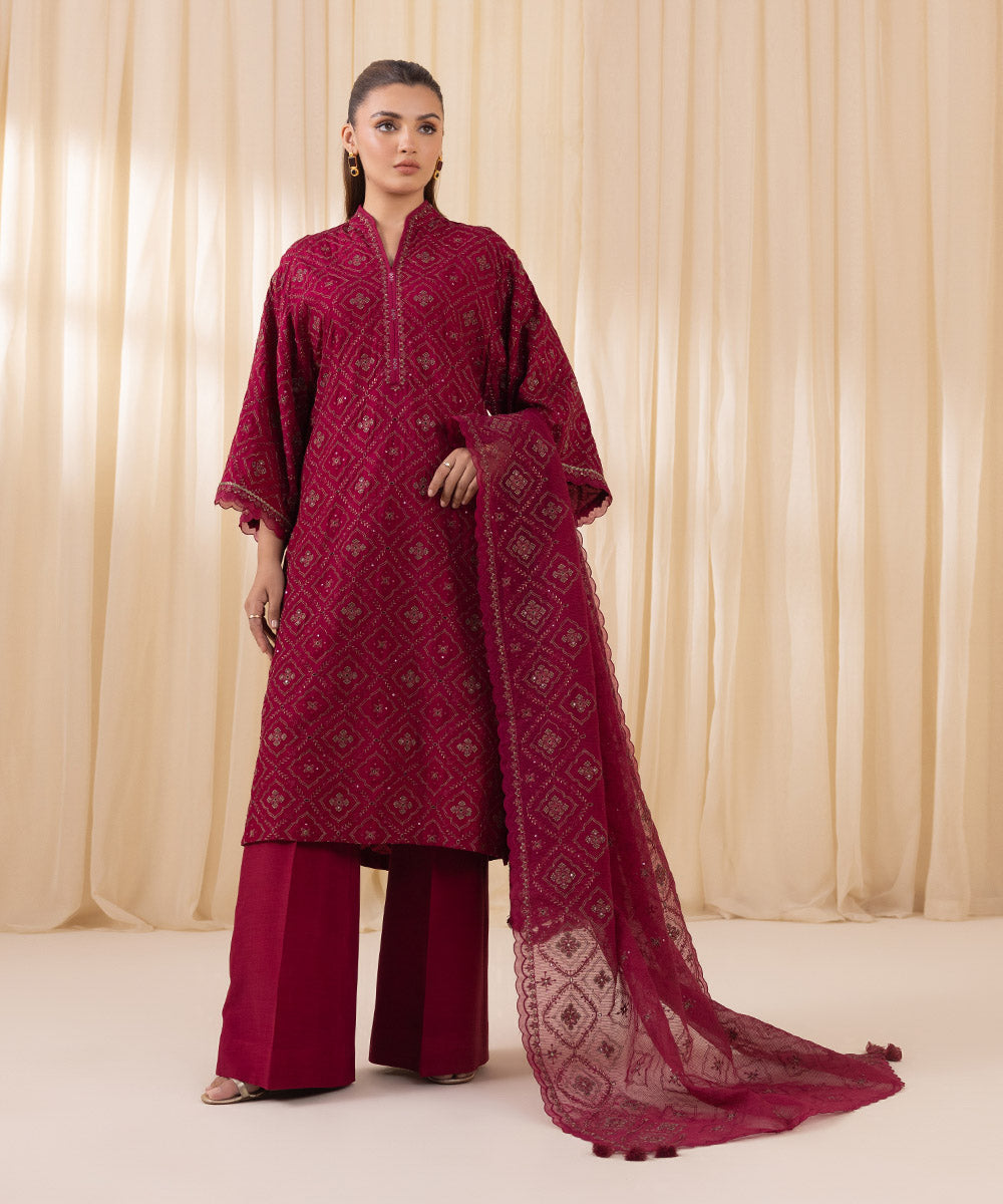 Women's Unstitched Berry Raw Silk Three Piece Suit