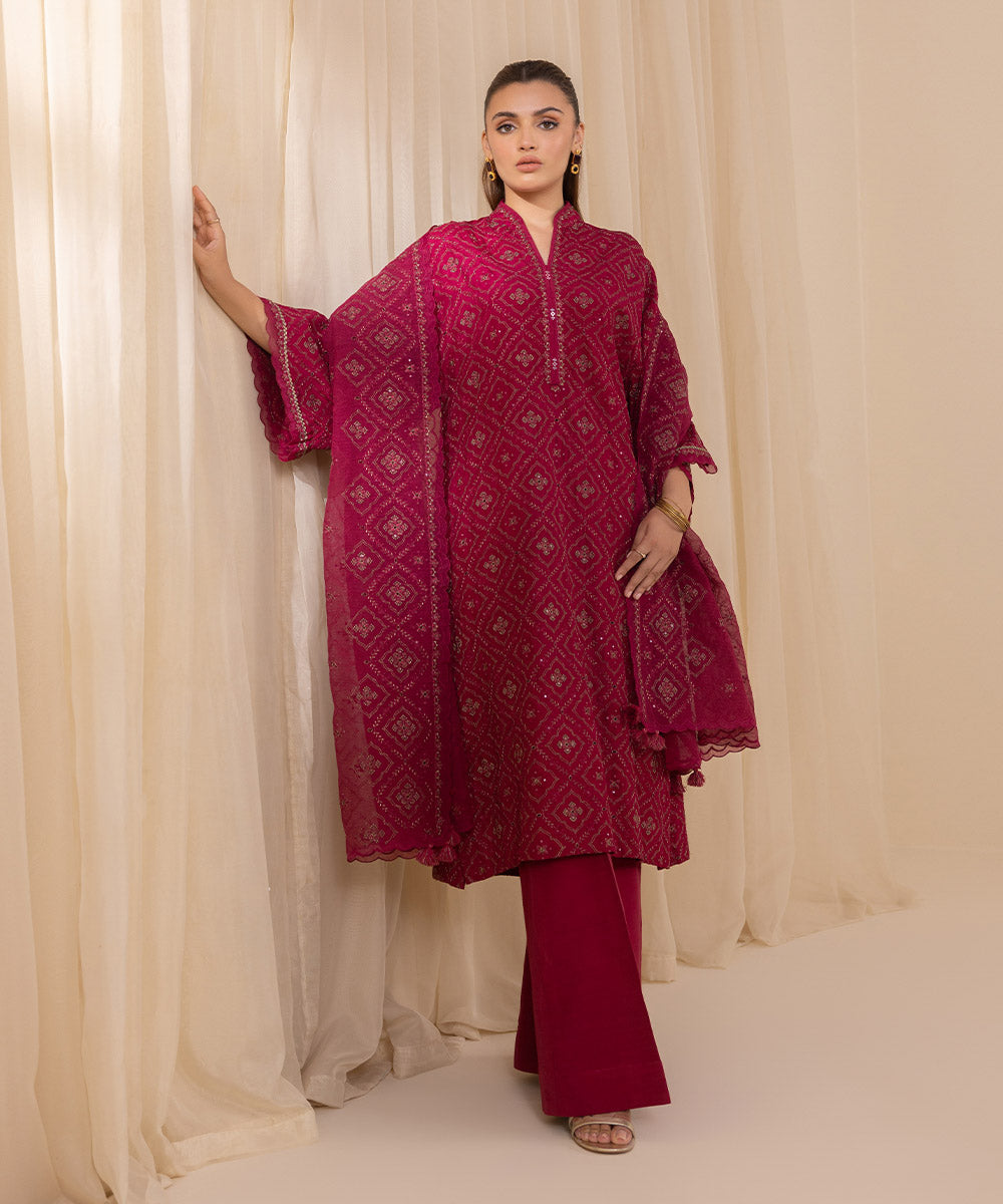 Women's Unstitched Berry Raw Silk Three Piece Suit