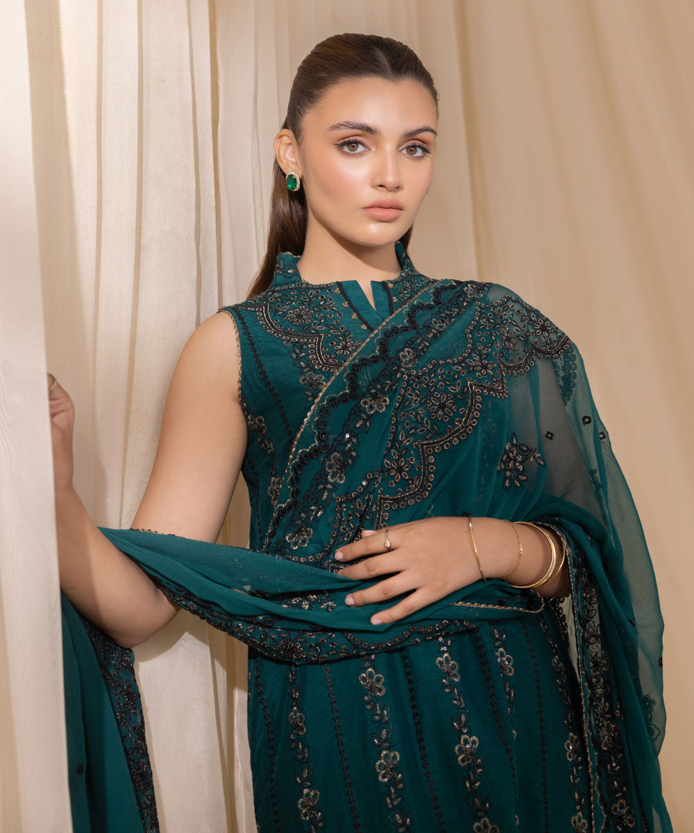 Women's Unstitched Emerald Green Raw Silk Three Piece Suit