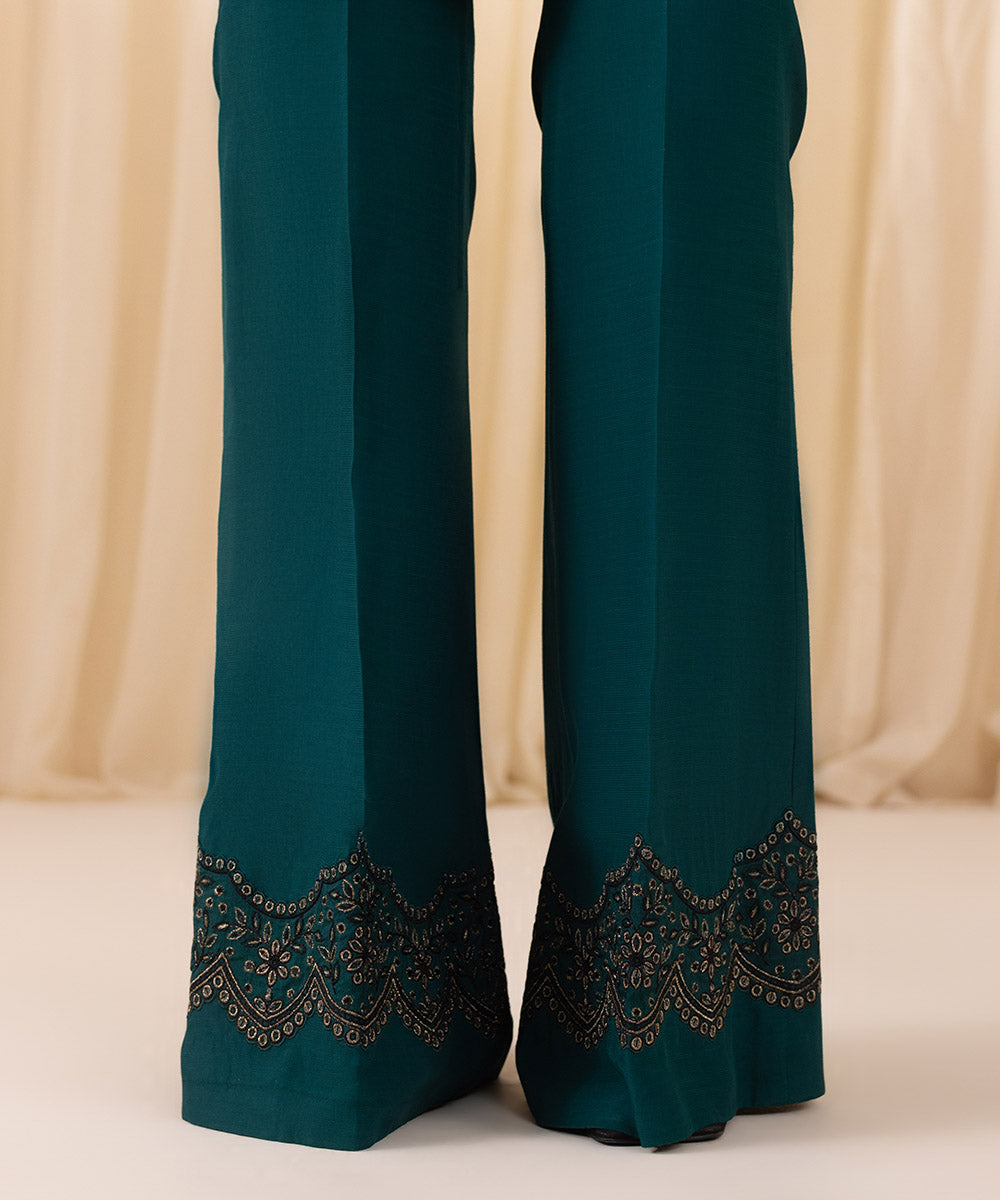 Women's Unstitched Emerald Green Raw Silk Three Piece Suit