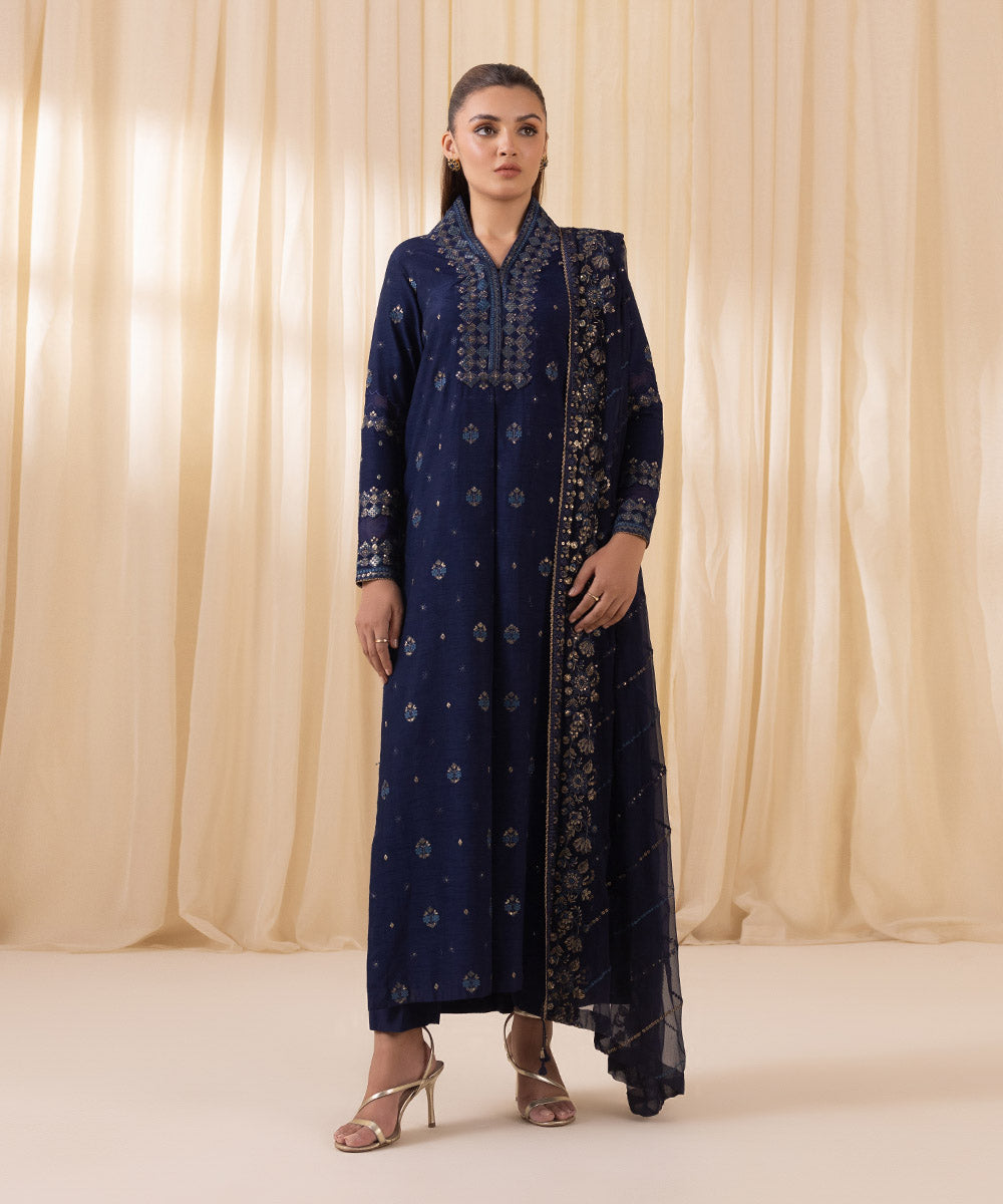 Women's Unstitched Navy Blue Raw Silk Three Piece Suit