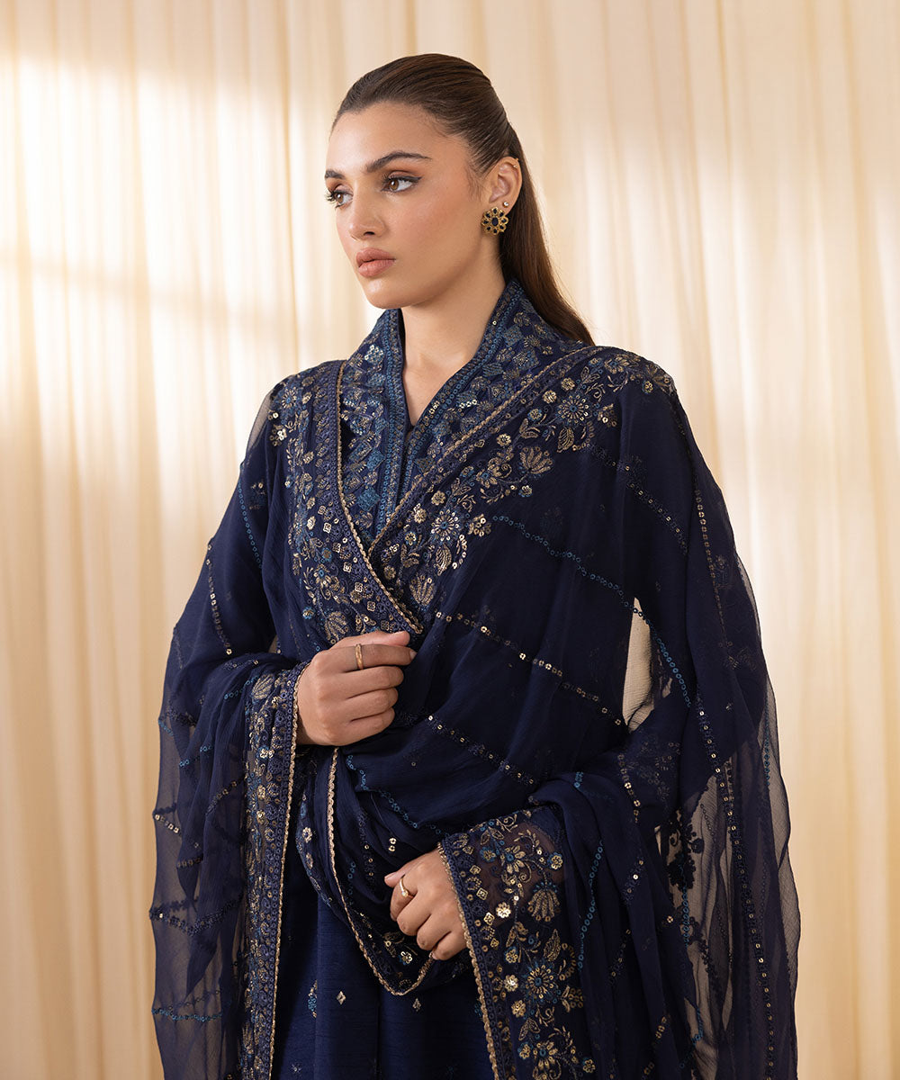 Women's Unstitched Navy Blue Raw Silk Three Piece Suit