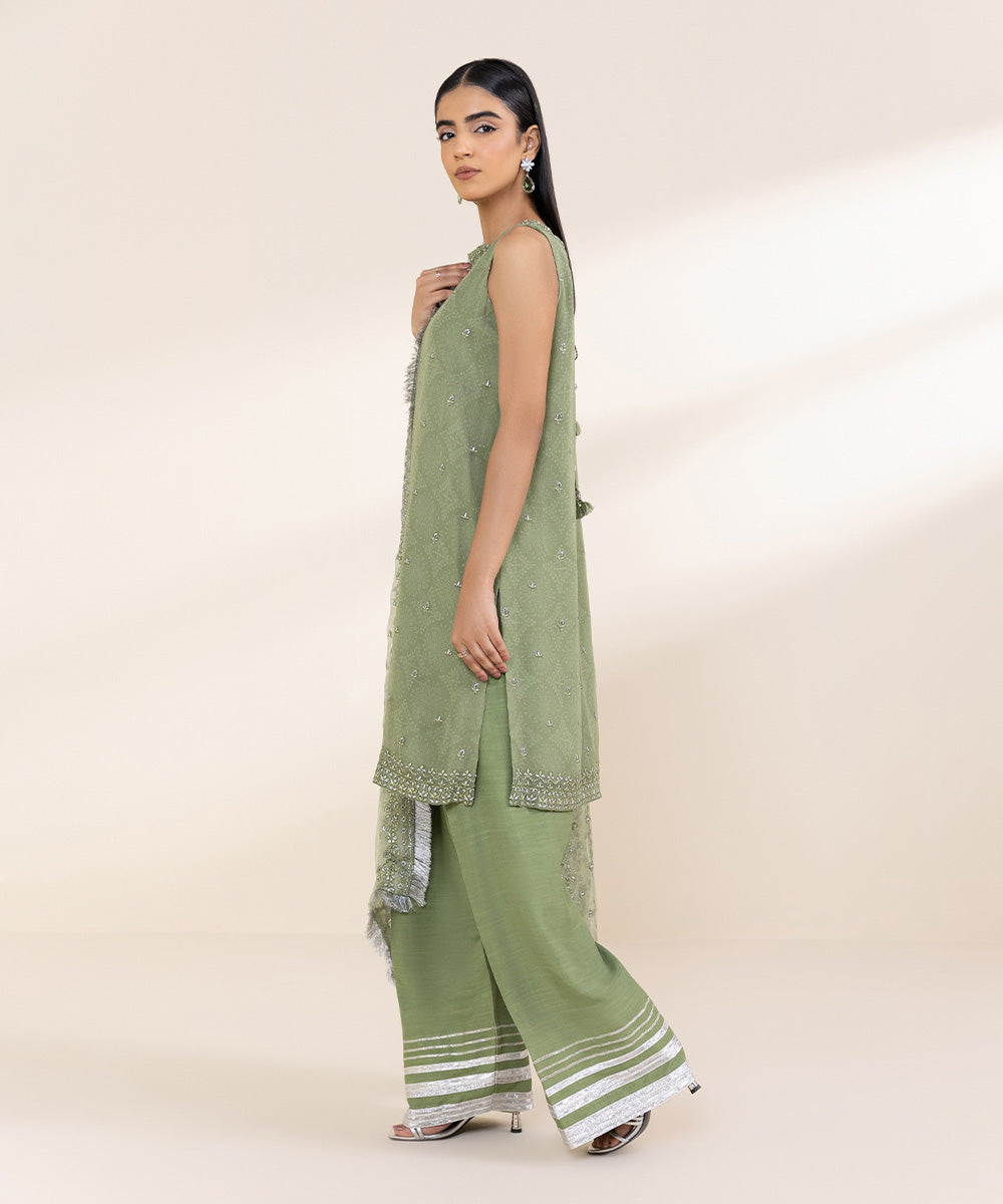 Women's Unstitched Embroidered Moss Green Viscose Chiffon Three Piece Suit