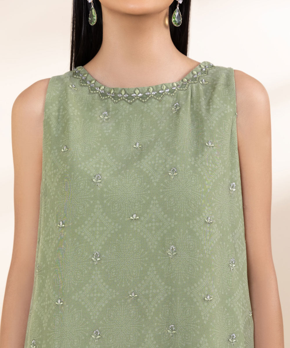 Women's Unstitched Embroidered Moss Green Viscose Chiffon Three Piece Suit