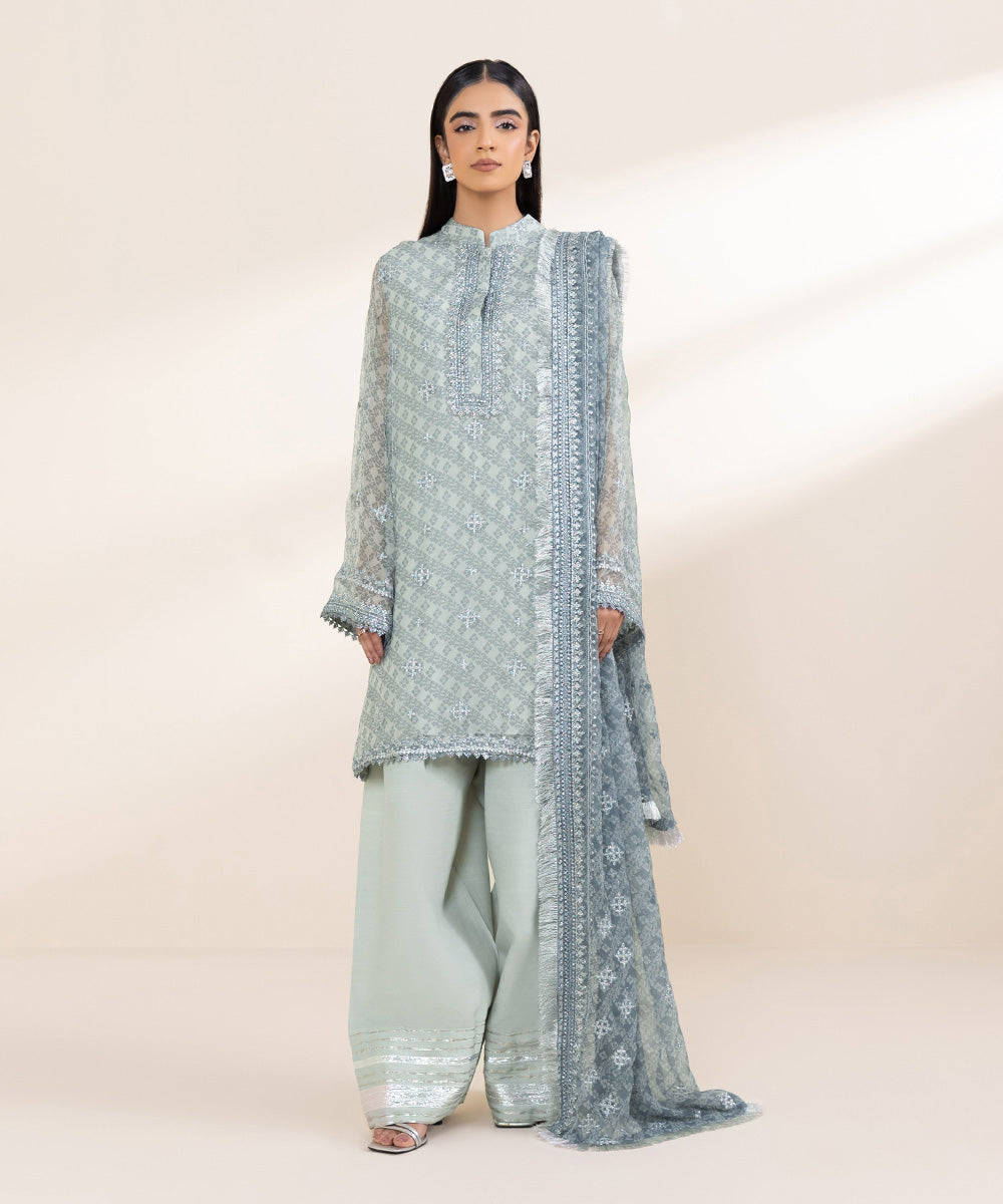 Women's Unstitched Embroidered Ice Blue Viscose Chiffon Three Piece Suit