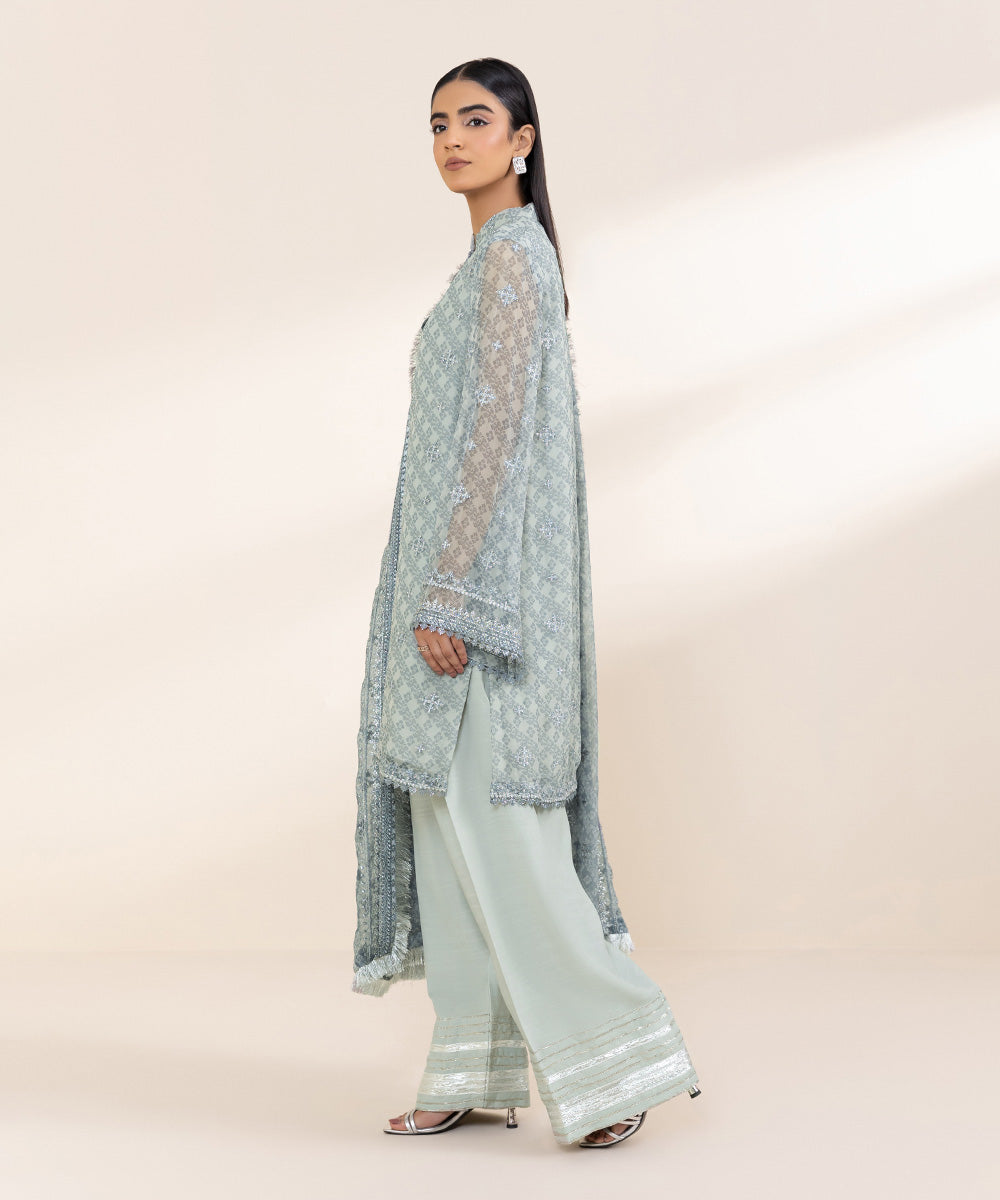 Women's Unstitched Embroidered Ice Blue Viscose Chiffon Three Piece Suit