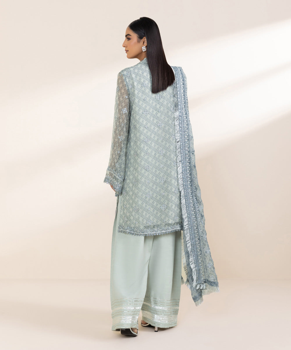 Women's Unstitched Embroidered Ice Blue Viscose Chiffon Three Piece Suit