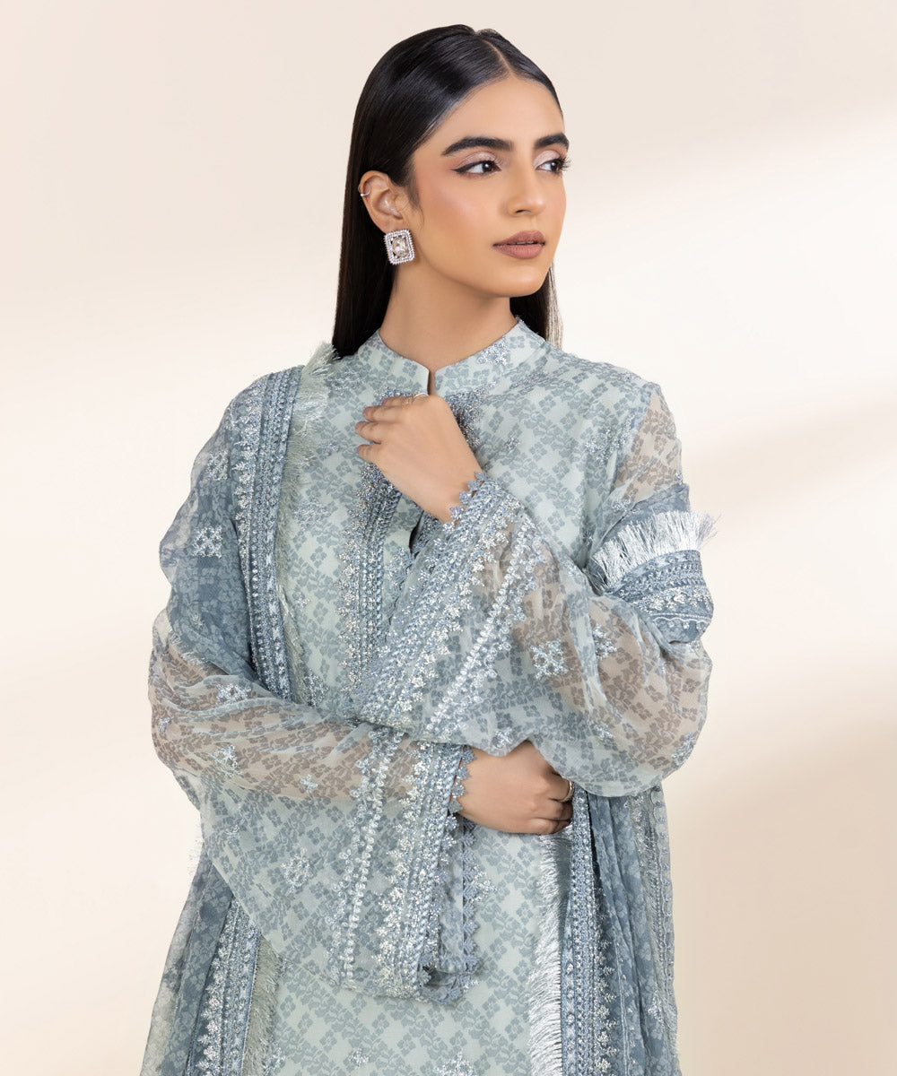 Women's Unstitched Embroidered Ice Blue Viscose Chiffon Three Piece Suit