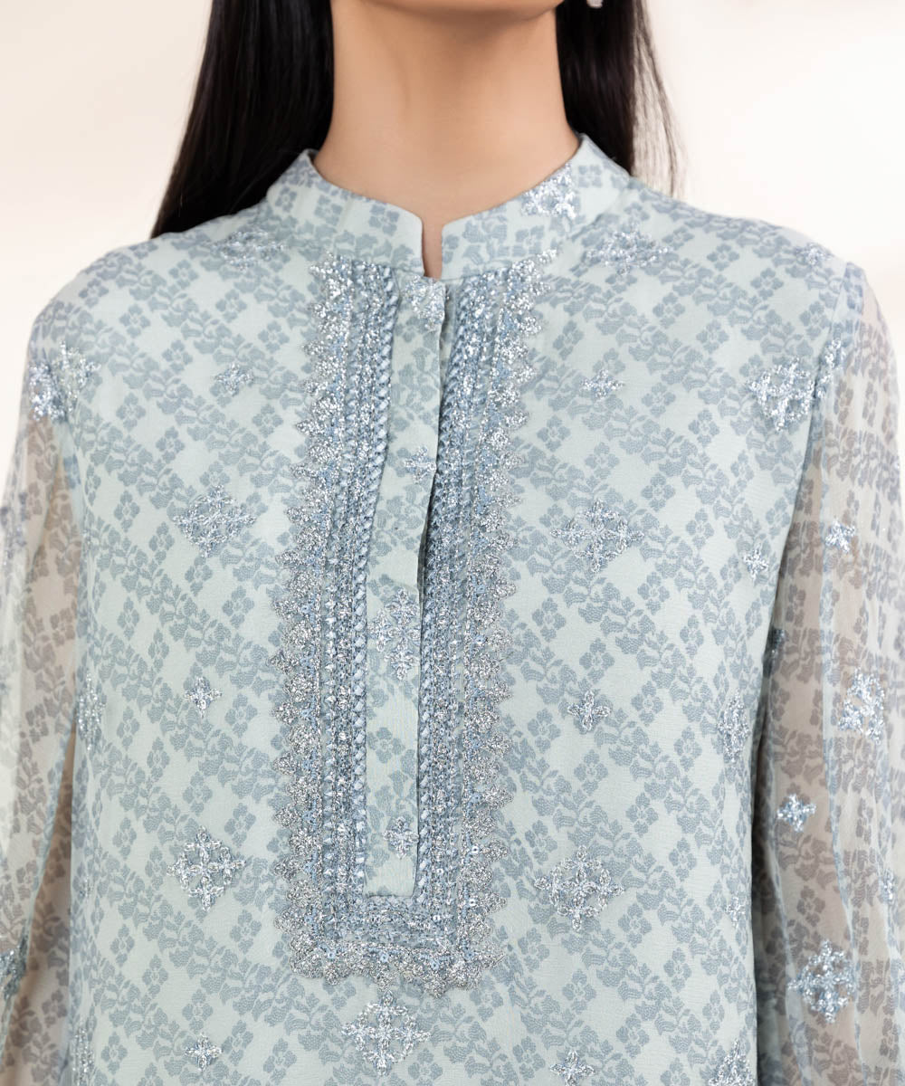 Women's Unstitched Embroidered Ice Blue Viscose Chiffon Three Piece Suit