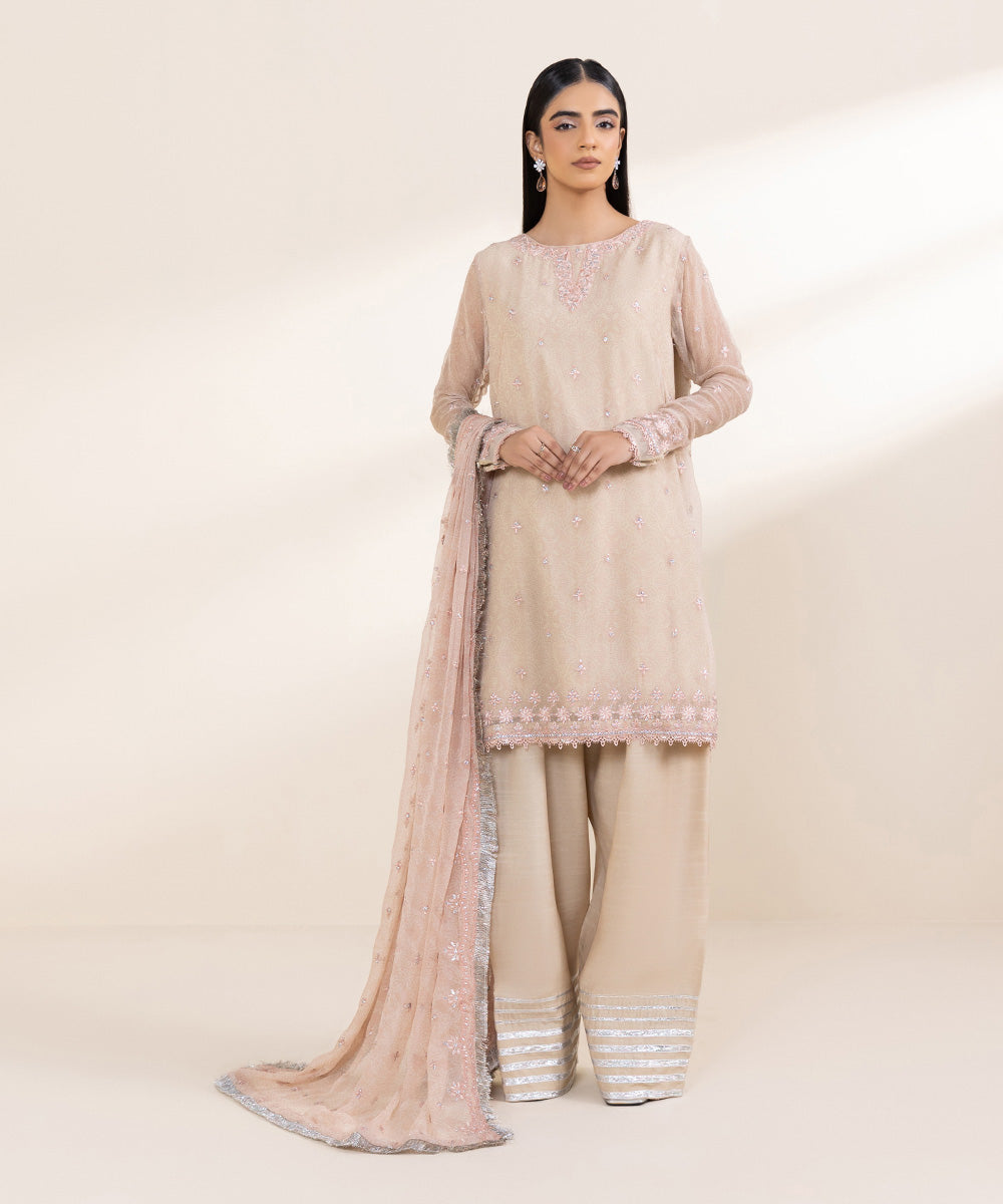 Women's Unstitched Embroidered Beige Viscose Chiffon Three Piece Suit