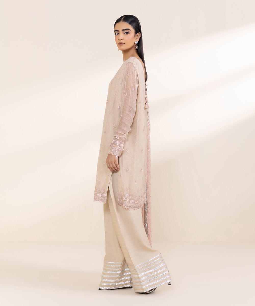 Women's Unstitched Embroidered Beige Viscose Chiffon Three Piece Suit