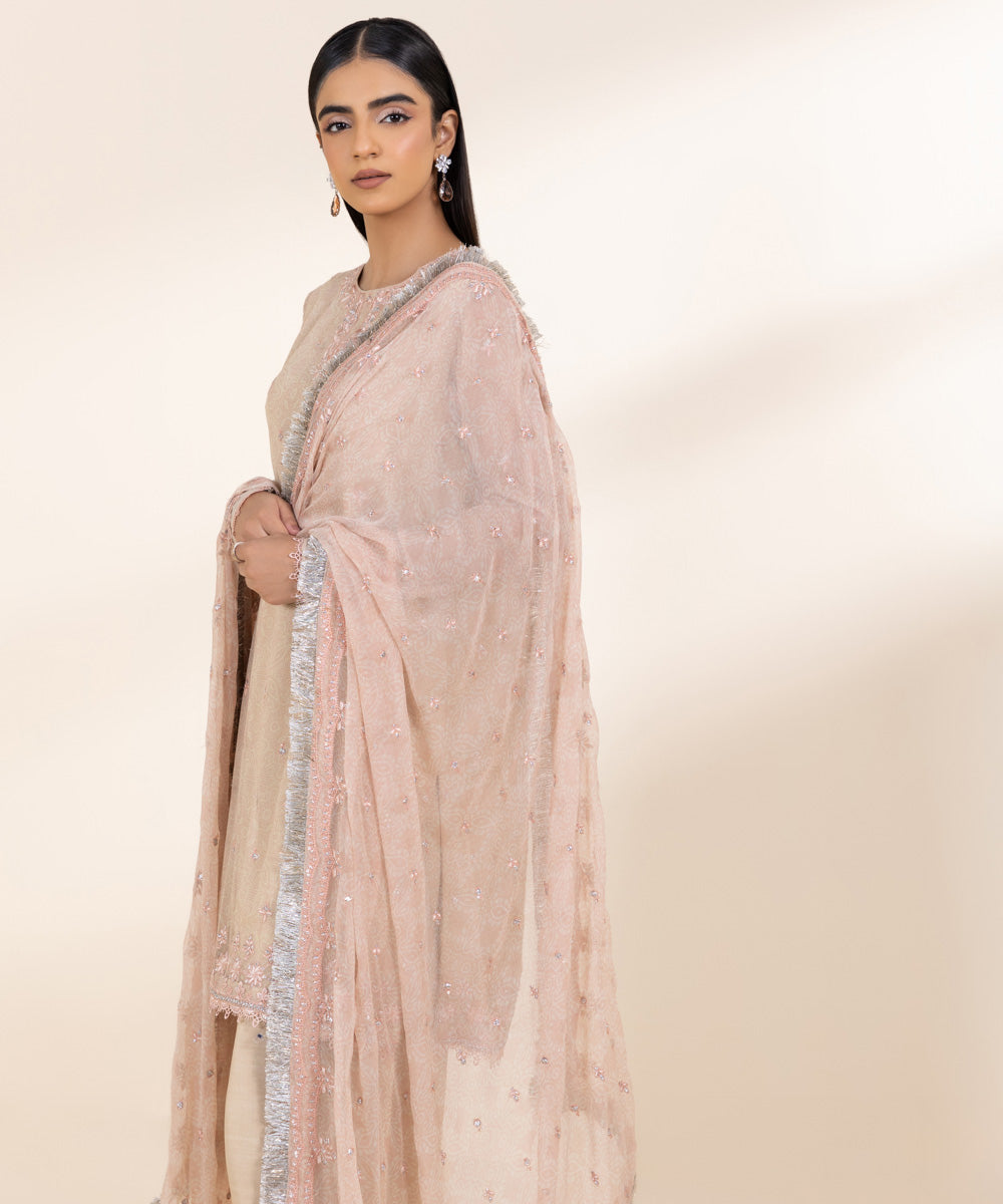 Women's Unstitched Embroidered Beige Viscose Chiffon Three Piece Suit