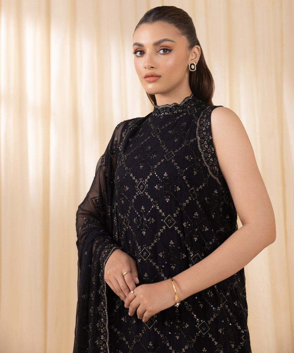 Women's Unstitched Black Viscose Chiffon Three Piece Suit