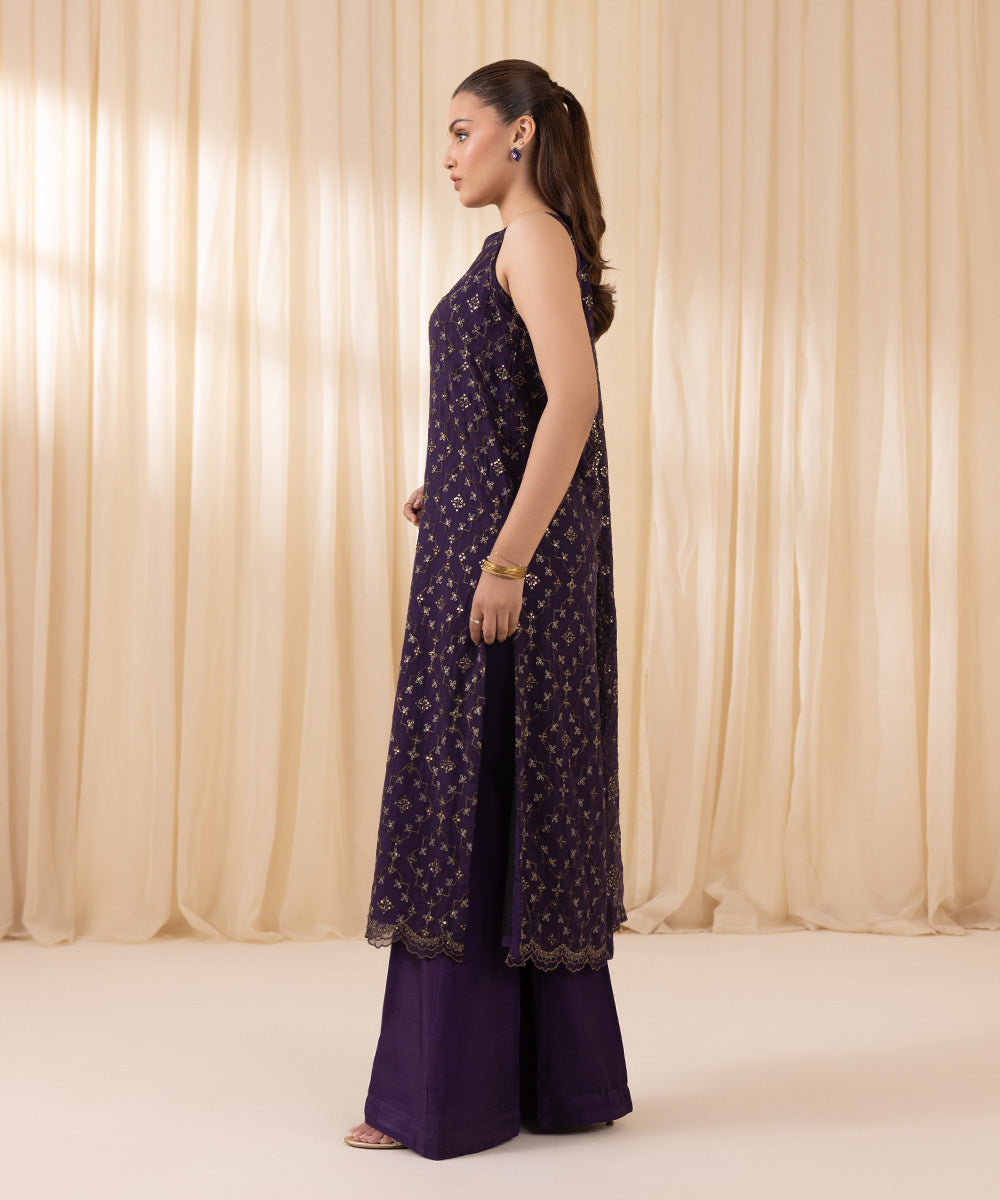 Women's Unstitched Purple Viscose Chiffon Three Piece Suit