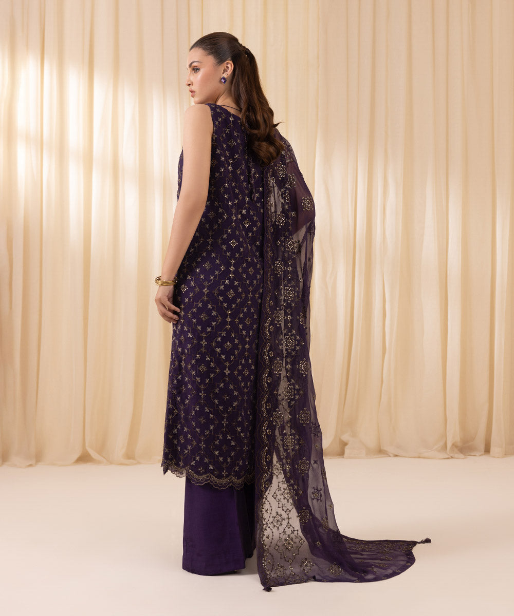 Women's Unstitched Purple Viscose Chiffon Three Piece Suit