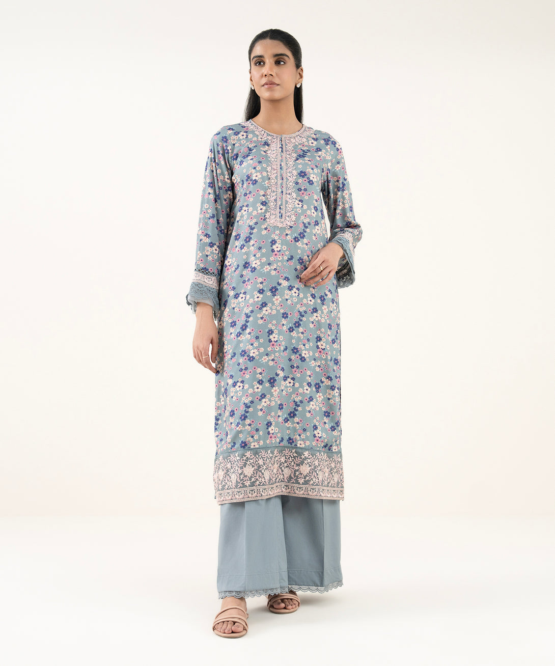 Women's RTW Arabic Lawn Grey Embroidered Straight Shirt