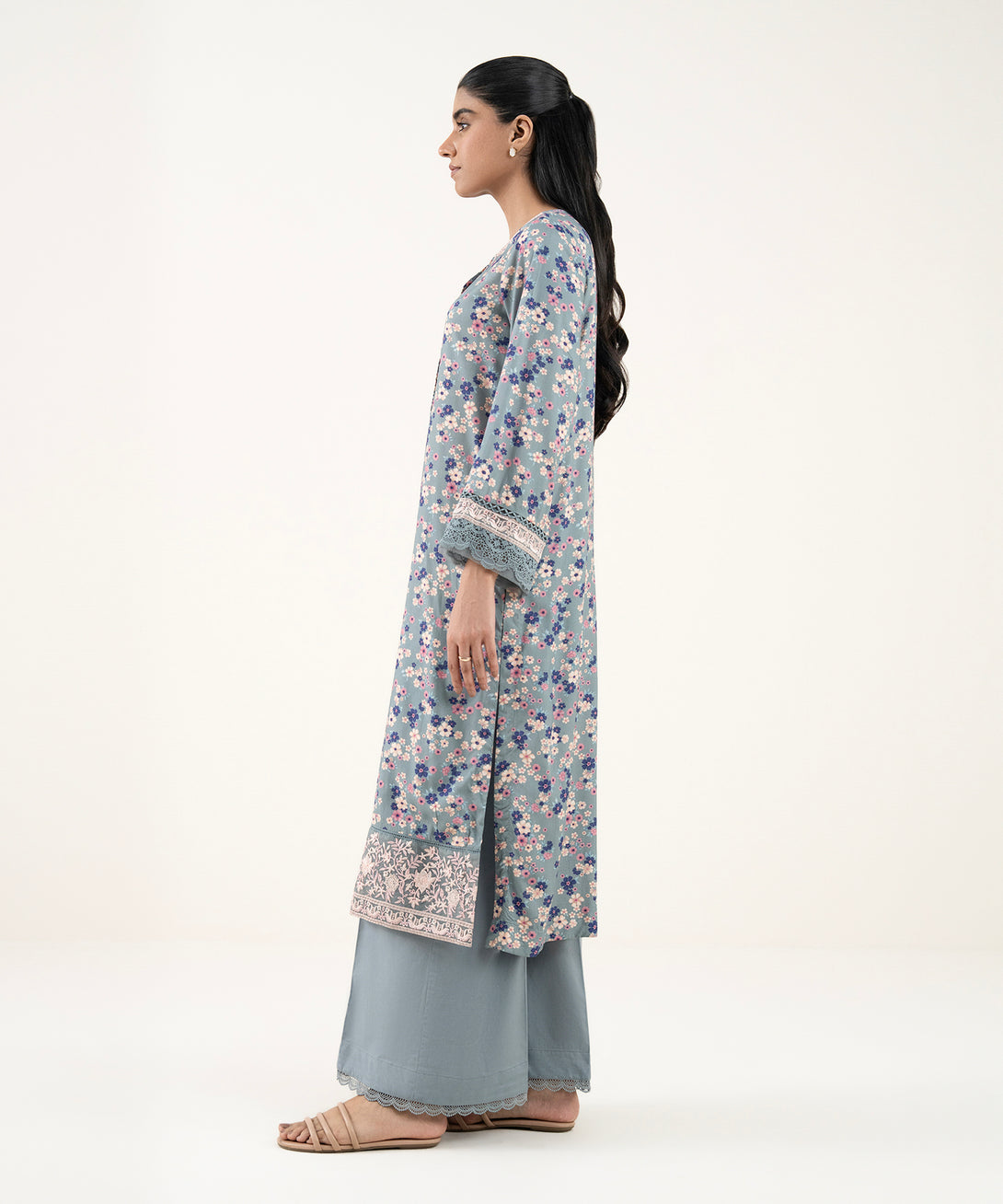 Women's RTW Arabic Lawn Grey Embroidered Straight Shirt