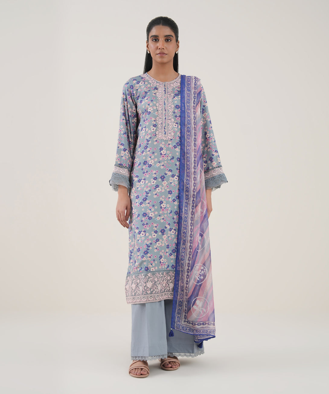 Women's RTW Arabic Lawn Grey Embroidered Straight Shirt