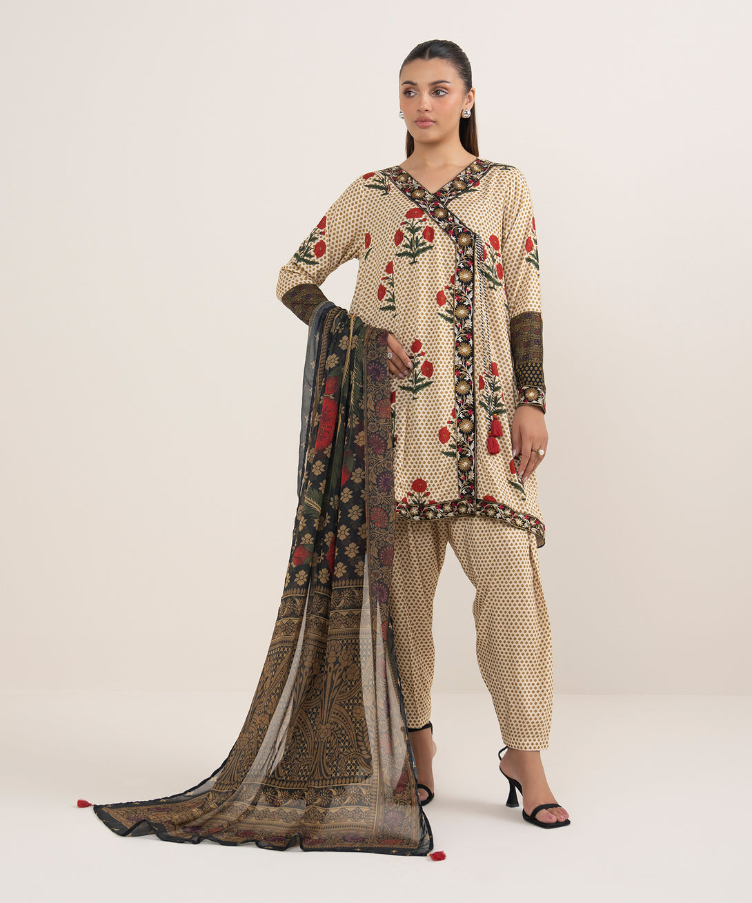 Women's RTW Arabic Lawn Beige Printed Aline Shirt