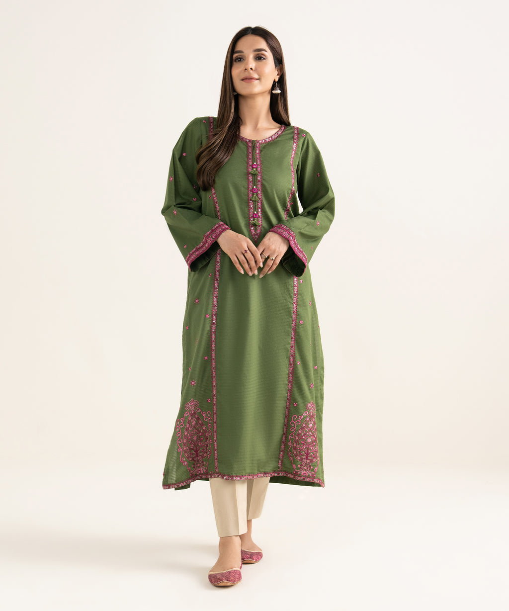 Women's RTW Textured Cotton Green Embroidered A-Line Shirt