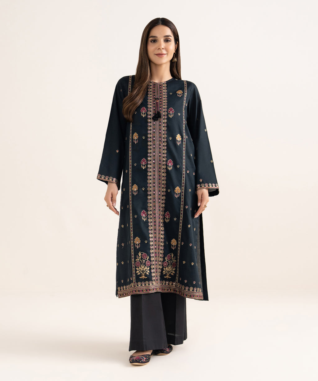 Women's RTW Textured Cotton Black Embroidered A-Line Shirt
