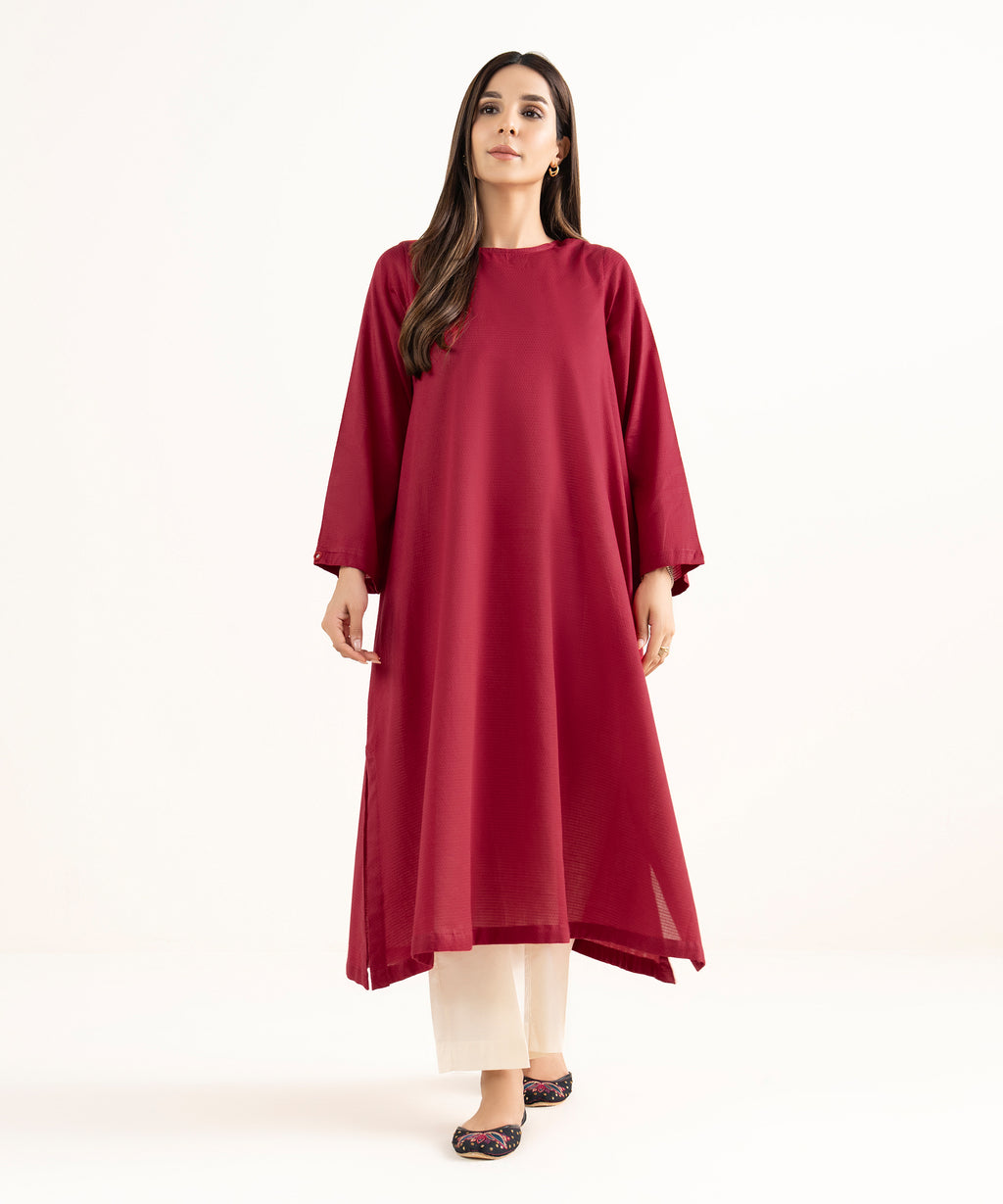Women's RTW Textured Cotton Red  Solid A-Line Shirt
