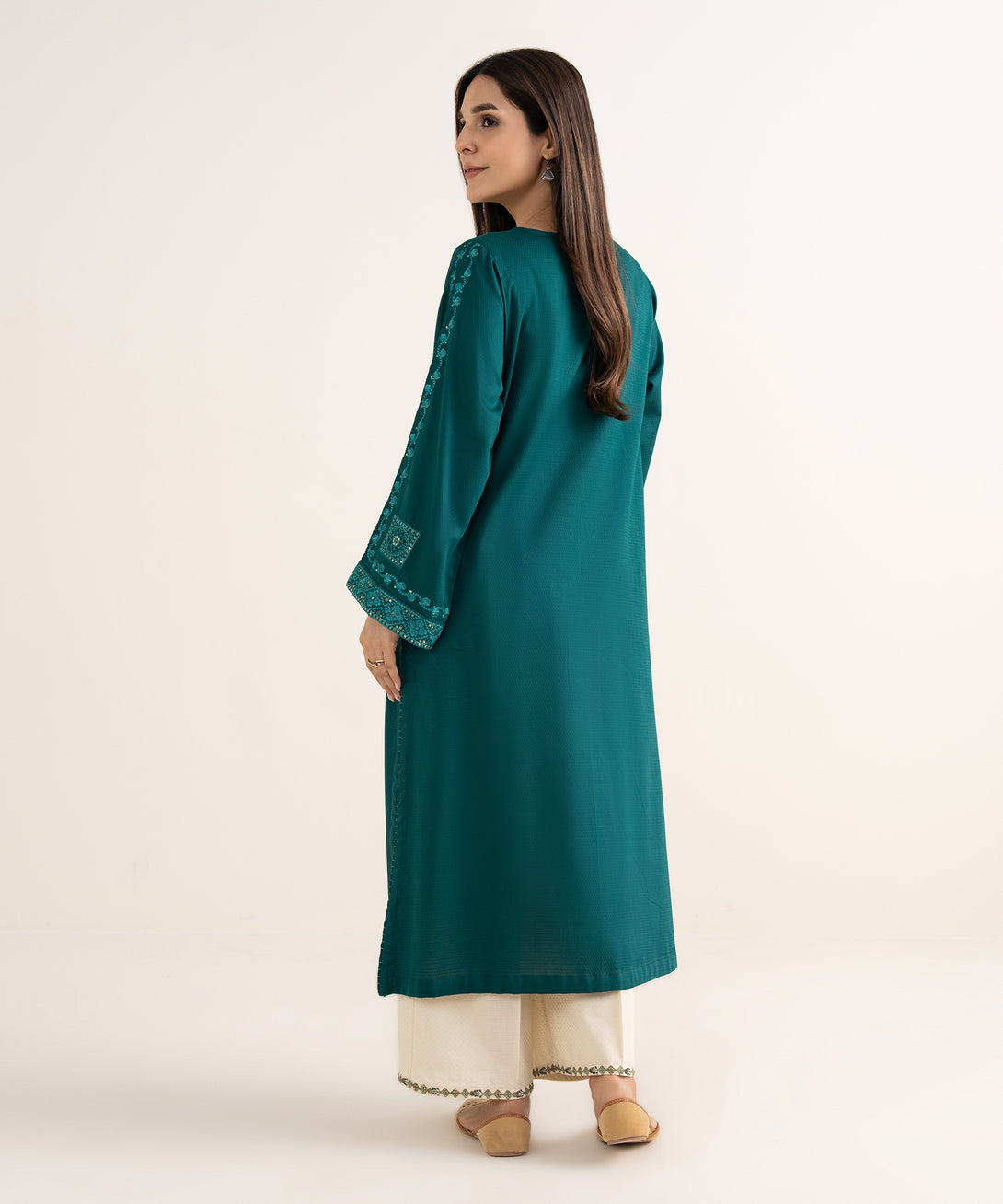 Women's RTW Textured Cotton Green Embroidered A-Line Shirt